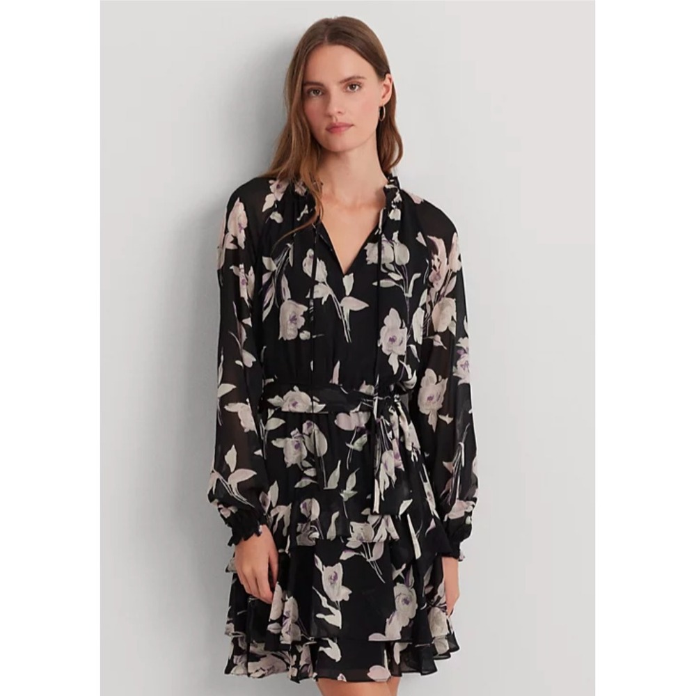 Lauren Ralph Lauren Women's Crinkle Georgette Black Floral‎ Dress Size 10